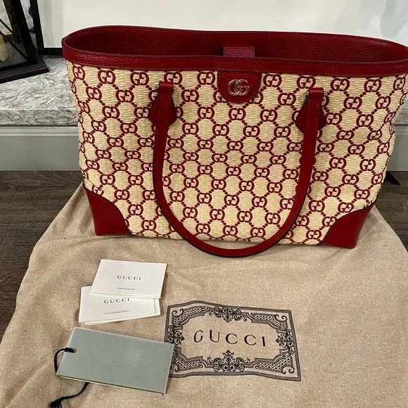⭐️SOLD ⭐️New Red Gucci GG Raffia Medium Ophidia Tote - Picture 8 of 11